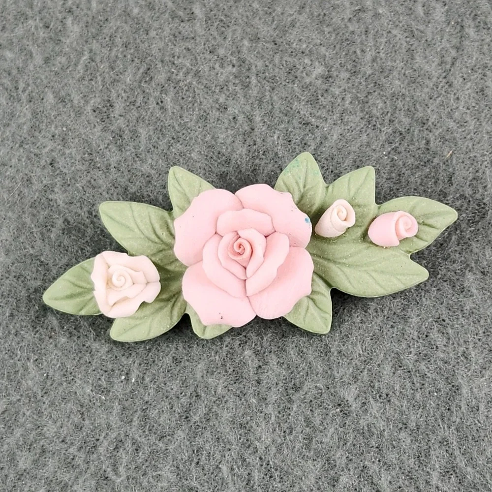 Vintage Pink Porcelain Rose Green Leaf Brooch